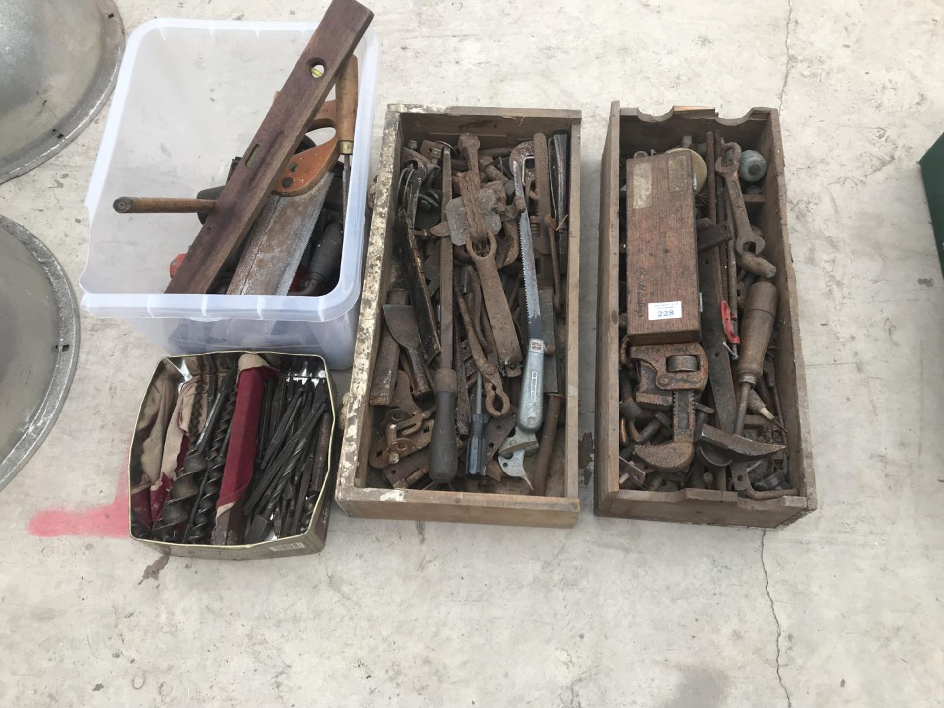 THREE BOXES OF VINTAGE ITEMS TO INCLUDE DRILL BITS, SPIRIT LEVEL, ADJUSTABLE SPANNER, SAW ETC