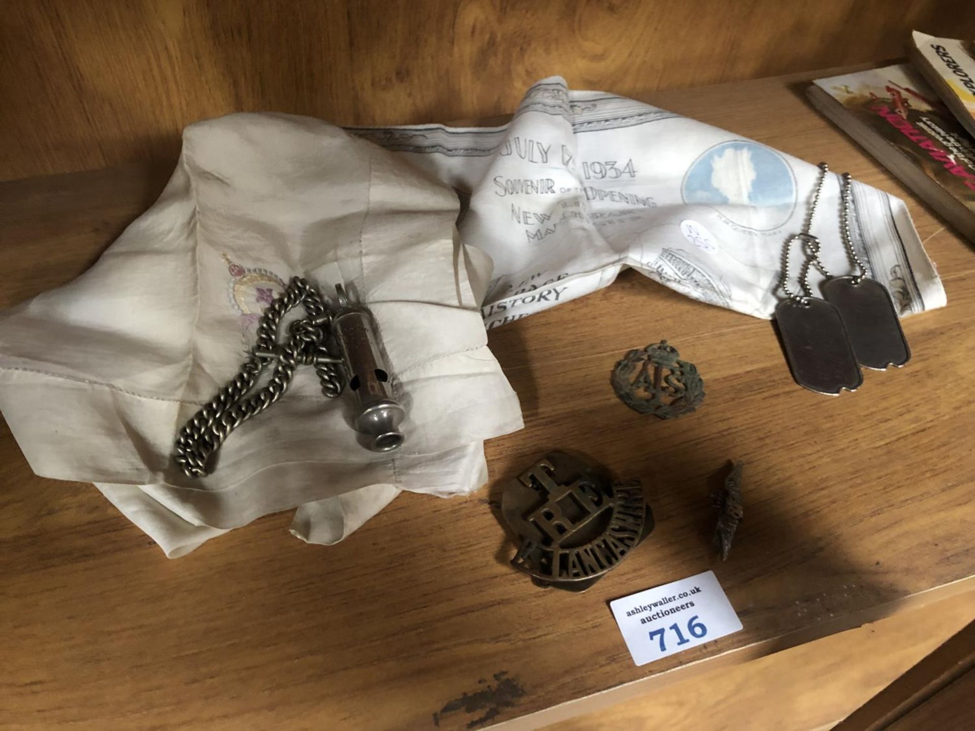 A MIXED GROUP OF ITEMS - MILITARY SHOULDER BADGE, WHISTLE, DOG TAGS ETC