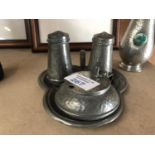 AN ARTS AND CRAFTS PEWTER CONDIMENT SET WITH TRAY