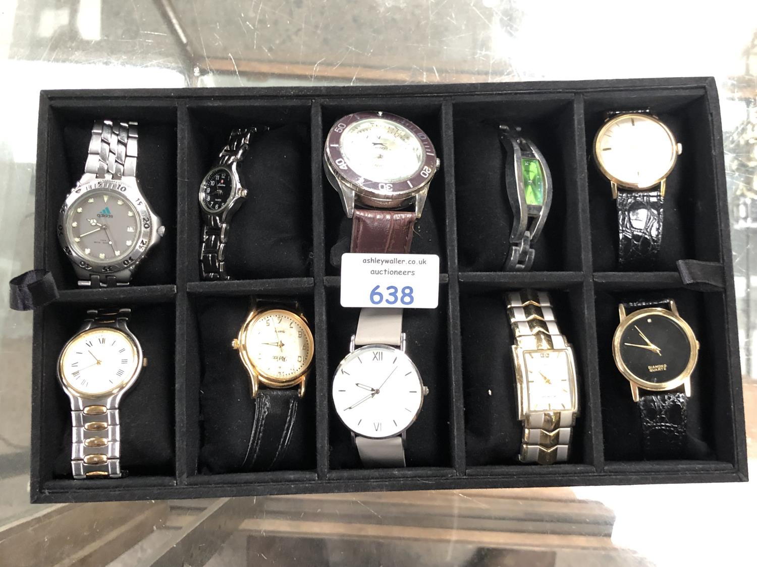 A TRAY OF TEN ASSORTED WATCHES