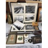 A MIXED GROUP OF ITEMS TO INCLUDE FRAMED PICTURES, SHOOTING STICK, BRASS JUG ETC (QTY)