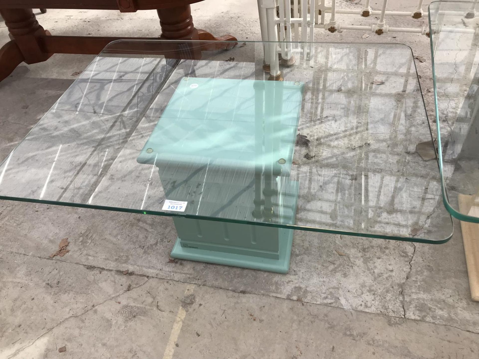 THREE GLASS TOPPED SIDE TABLES ON PAINTED COLUMN SUPPORTS - Image 2 of 4
