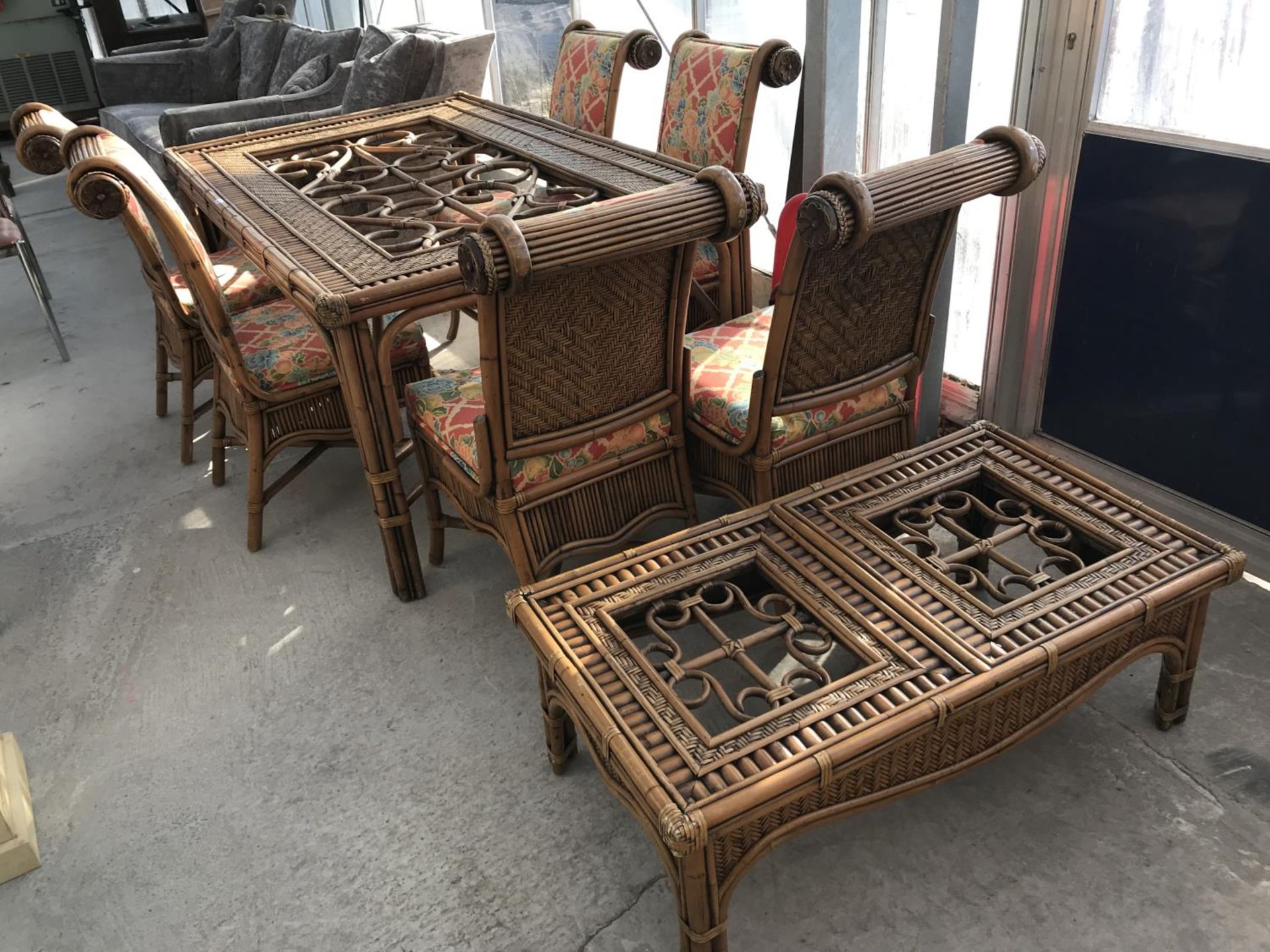 A BAMBOO DINING TABLE, SIX DINING CHAIRS AND A MATCHING COFFEE TABLE (NO GLASS TOPS)