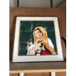 A FRAMED RELIGIOUS 'MOTHER AND CHILD' TILED PICTURE, SIGNED LOWER LEFT CORNER