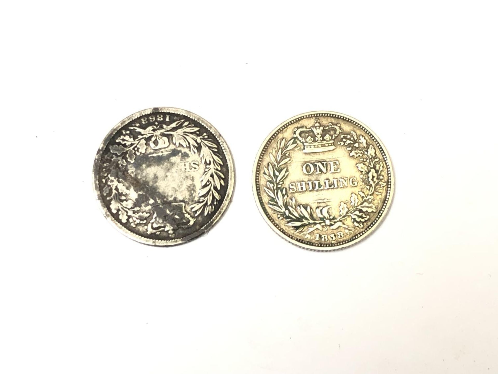 TWO SILVER SHILLING COINS - 1858 AND OTHER