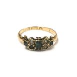 A VICTORIAN LADIES 15CT YELLOW GOLD EMERALD AND SEED PEARL RING, (ONE PEARL DEFICIENT), WEIGHT 1.7G,