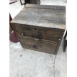 A VINTAGE TWO DRAWER WOODEN CHEST 69CM X 58CM X 64CM