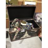 A CHEST CONTAINING A LARGE GROUP OF COSTUME JEWELLERY (QTY)