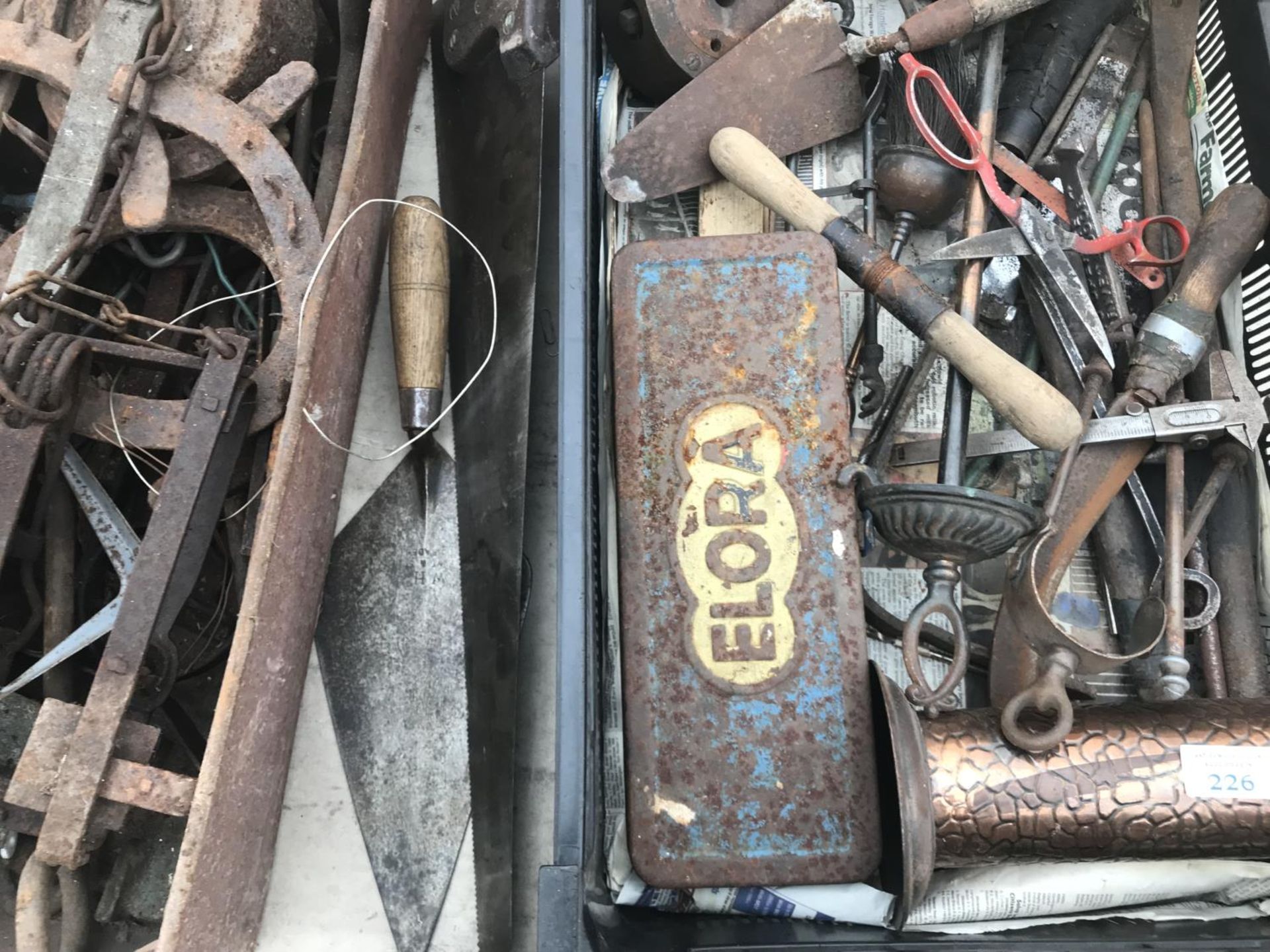 TWO BOXES OF VINTAGE ITEMS TO INCLUDE TOOLS, HORSESHOES, GATE BANDS, TRAPS ETC - Image 2 of 2