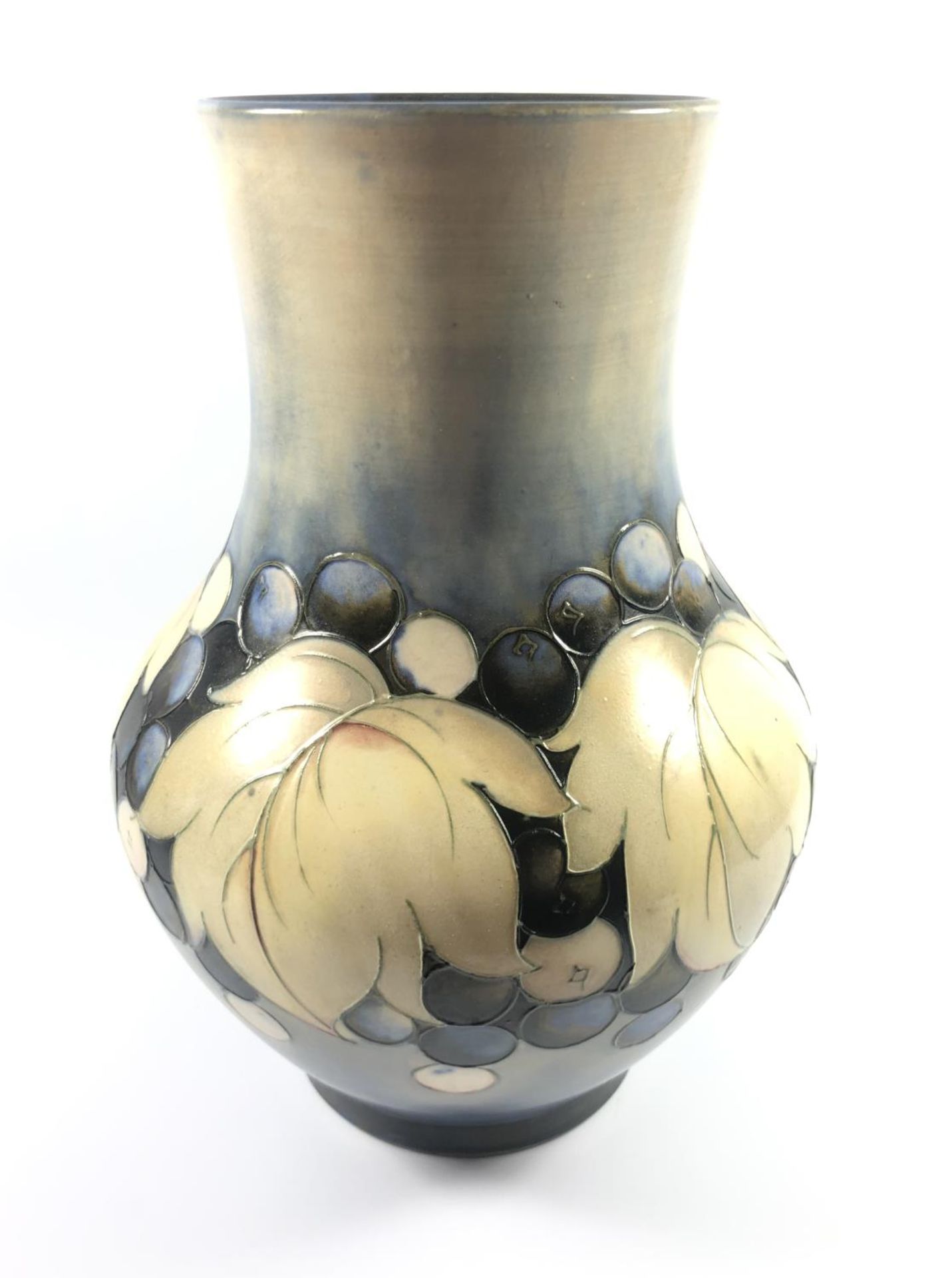 A 1920's MOORCROFT POTTERY ART DECO 'LEAF AND BERRY' SALT GLAZE VASE, HEIGHT 22.5CM