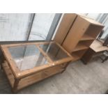 FOUR ITEMS - A PINE COFFEE TABLE, TWO BEECH EFFECT BOOKCASES AND A PINE COFFEE TABLE WITH TWO