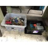 A LARGE BOX OF ASSORTED COSTUME JEWELLERY AND A BOX OF FISHING BOXES (QTY)