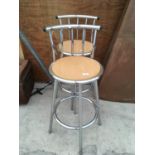 TWO CHROME AND BEECH HIGH BAR CHAIRS