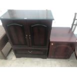 A MAHOGANY TV CABINET AND A SMALL MAHOGANY EFFECT CABINET