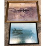 TWO FRAMED PRINTS OF A LANCASTER BOMBER AND LIGHTNING FIGHTER PLANES