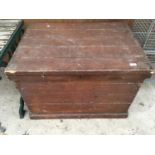 A PINE CHEST WITH METAL SIDE HANDLES 89CM X 62CM X 62CM