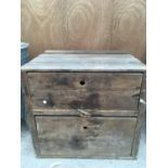 A VINTAGE TWO DRAWER WOODEN CHEST 69CM X 58CM X 64CM