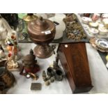 A MIXED GROUP OF ITEMS - MAHOGANY LETTER BOX, COPPER URN, CAST MONEY BOX ETC