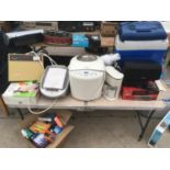 A MIXED GROUP OF ELECTRICALS TO INCLUDE A BREAD MAKER, BACK MASSAGER, GRILLING MACHINE, PLUG IN COOL