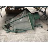 A LARGE VINTAGE GREEN PAINTED GARDEN HANGING LANTERN WITH METAL STAND