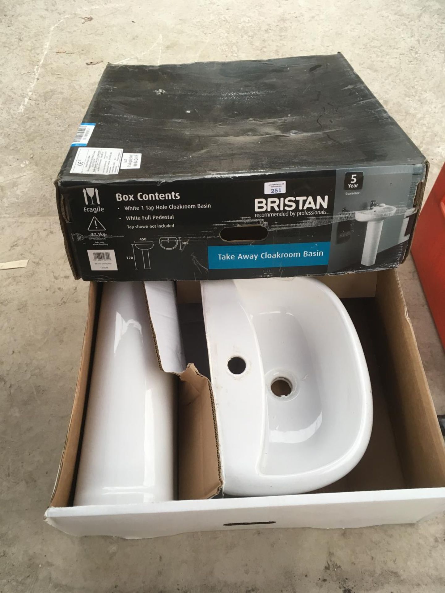 A BOXED BRISTEN WHITE ONE TAP CLOAKROOM BASIN AND PEDESTAL 45CM WIDE X 77CM TALL X 38.5CM DEEP