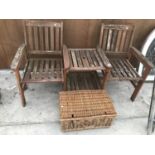 A WOODEN GARDEN LOVE SEAT BENCH AND A WICKER BASKET