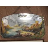 A 1930'S MIRROR WITH PAINTED 'TRAIN OVER THE ROCKIES' DESIGN