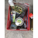 A BOX CONTAINING VARIOUS FISHING TACKLE - CARP RIGS, ROD BANDS ETC
