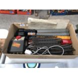 A BOX OF MODEL RAILWAY ITEMS TO INCLUDE TRACK , LOCOMOTIVE ETC