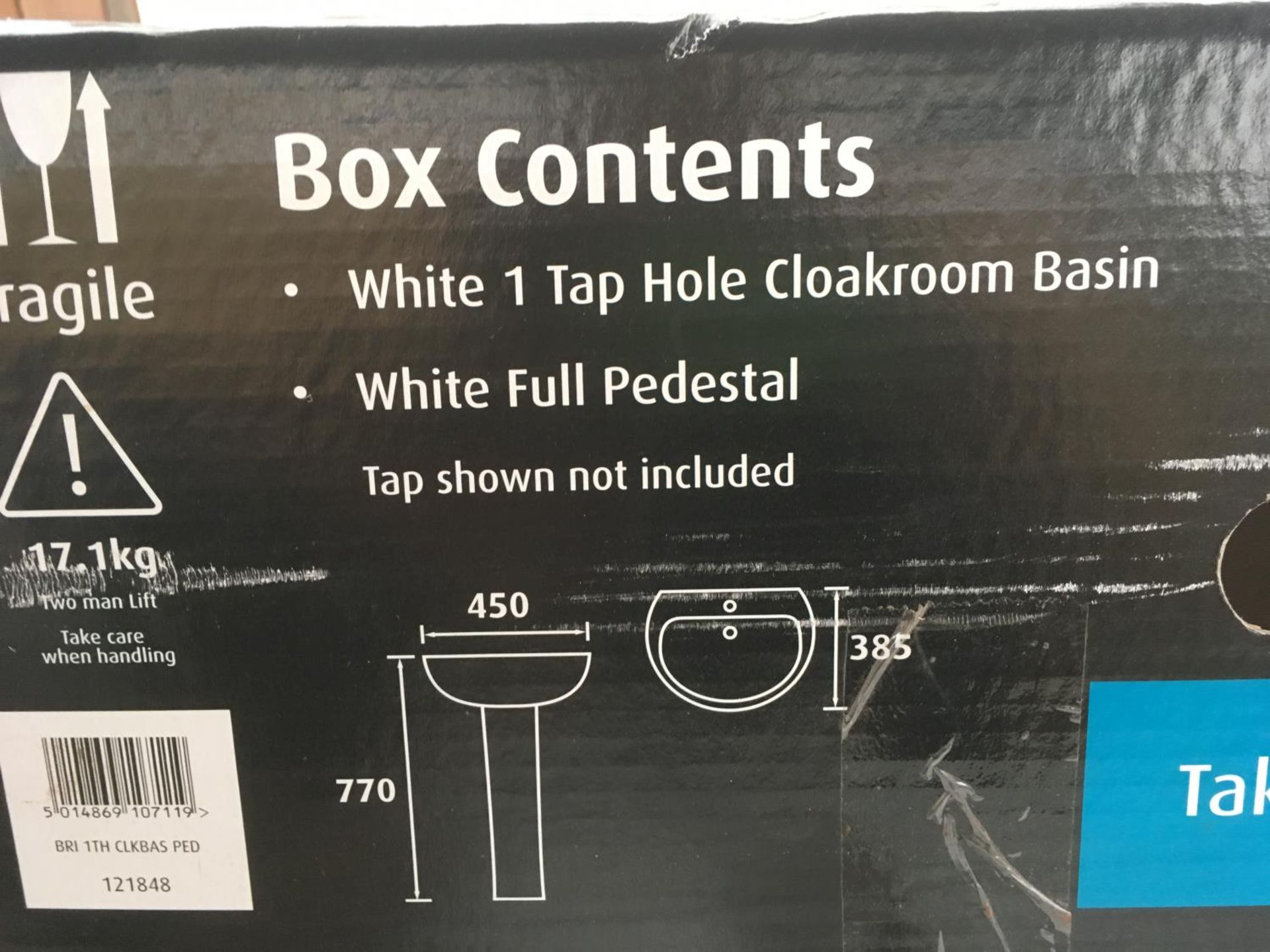 A BOXED BRISTEN WHITE ONE TAP CLOAKROOM BASIN AND PEDESTAL 45CM WIDE X 77CM TALL X 38.5CM DEEP - Image 2 of 2