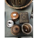 THREE TREEN TOBACCO CANISTERS, A 1960s SPIN ASHTRAY AND A SMALL CHEST