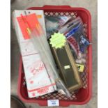 A BOX CONTAINING VARIOUS FISHING TACKLE - FLOATS, ANGLER'S THERMOMETER