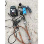 A PARKSIDE DRILL SHARPENER, BLOW TORCH AND PIPE, SOLDERING IRON ETC IN WORKING ORDER