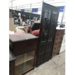 TWO ITEMS - A MAHOGANY CABINET WITH FALL FRONT AND TWO SLIDING GLASS DOORS AND A PRIORY STYLE OAK