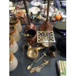 A MIXED GROUP OF VARIOUS METAL WARES - BRASS STAND, COPPER PLUNGERS ETC