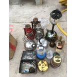 A LARGE COLLECTION OF STORM LANTERNS, OPTIMUS NO 00 VINTAGE STOVE IN A TIN, CAMPING KETTLES AND