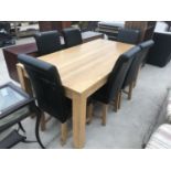 A MODERN OAK DINING TABLE AND SIX HIGH BACKED LEATHERETTE DINING CHAIRS