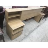 A TEAK EFFECT BED HEAD WITH BEDSIDE CABINETS