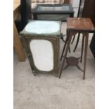 A LLOYD LOOM STYLE LINEN CHEST AND A MAHOGANY PLANT STAND