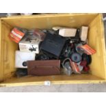 A BOX CONTAINING VARIOUS REELS.REEL PARTS AND SPOOLS