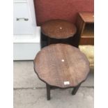 TWO OAK SEWING TABLES WITH HINGED PIE CRUST EDGED TOPS AND LINED INTERIORS