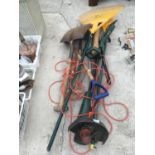 VARIOUS GARDENING TOOLS TO INCLUDE A BLACK AND DECKER STRIM AND EDGE IN WORKING ORDER, RAKES, SPADE,