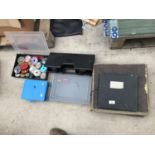 EIGHT VARIOUS TACKLE BOXES CONTAINING VARIOUS REEL SPARES AND LINE