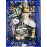 A BOX CONTAINING VARIOUS FISHING TACKLE - LINE, ELASTIC, KNOT LUBE ETC