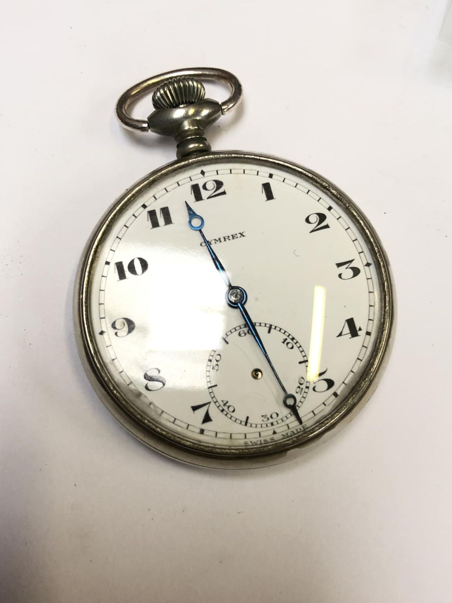 A VINTAGE 'CYMREX' POCKET WATCH, MISSING SECONDS FINGER, BUT RUNNING