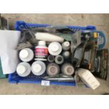 A BOX CONTAINING VARIOUS FISHING TACKLE - HAND WARMERS, GROUND BAIT MATERIALS ETC