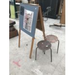 TWO VINTAGE WOODEN ROUND TOP STOOLS AND AN 'A' FRAME NOTICE BOARD