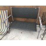 A METAL FRAMED RATTAN SEAT BENCH 117CM LONG