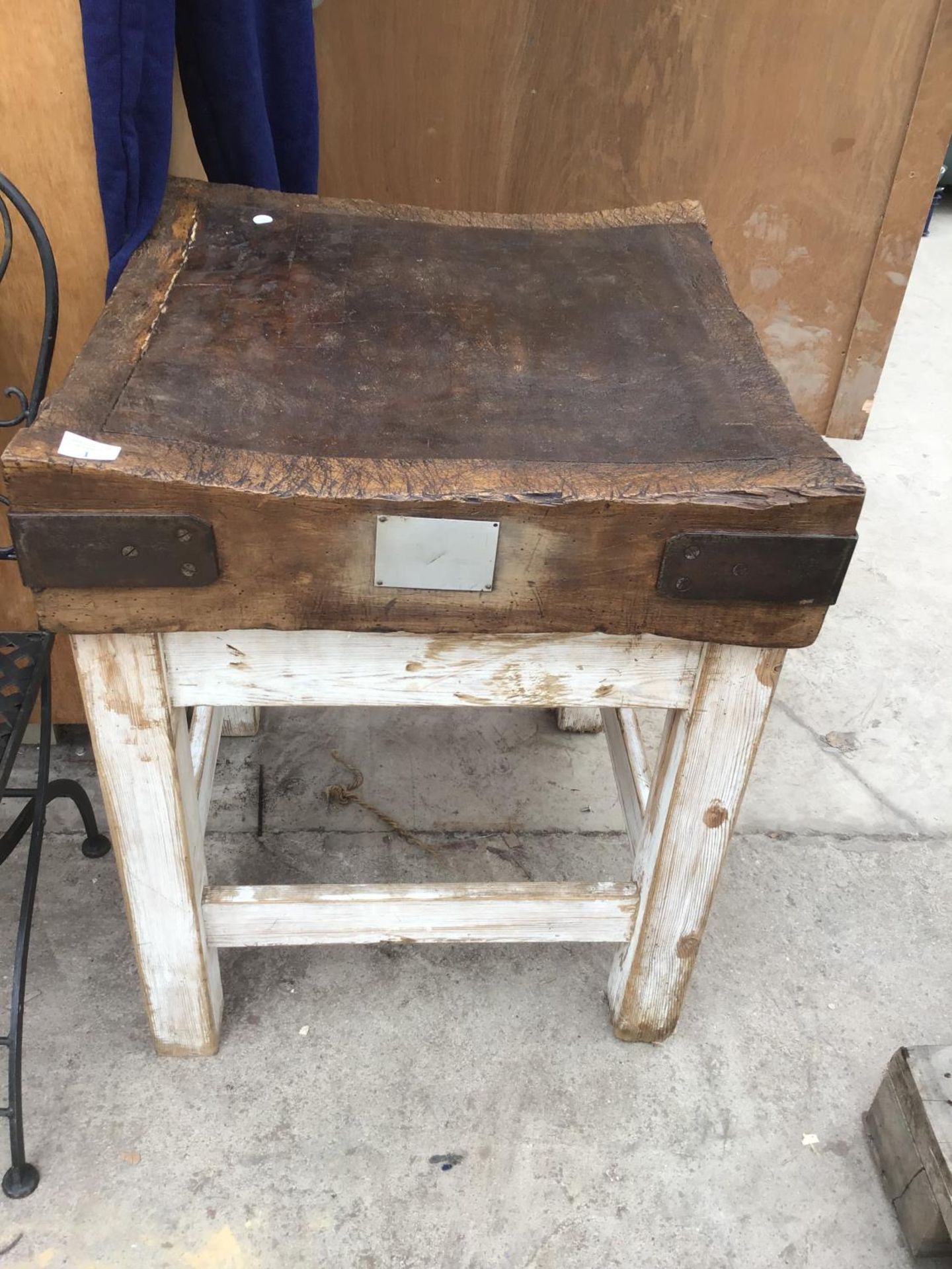 A VINTAGE BUTCHERS BLOCK 61CM X 62CM X 75CM HIGH