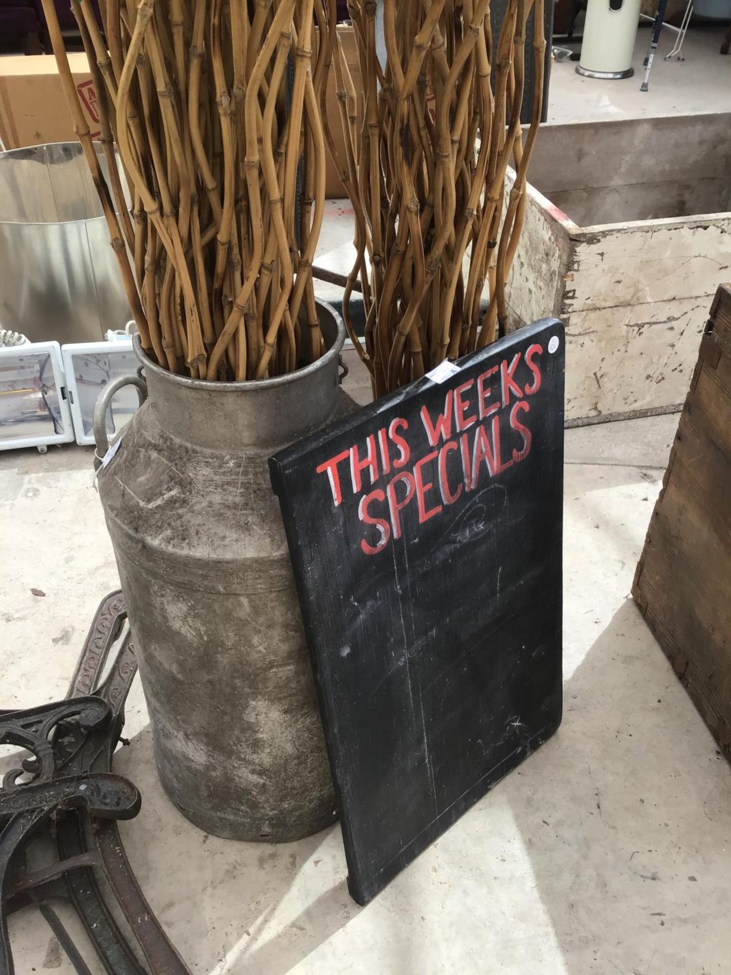 A VINTAGE MILK CHURN (NO LID), A LARGE QUANTITY OF TWISTED BAMBOO, AND A 'SPECIALS' NOTICE BOARD - Image 2 of 2